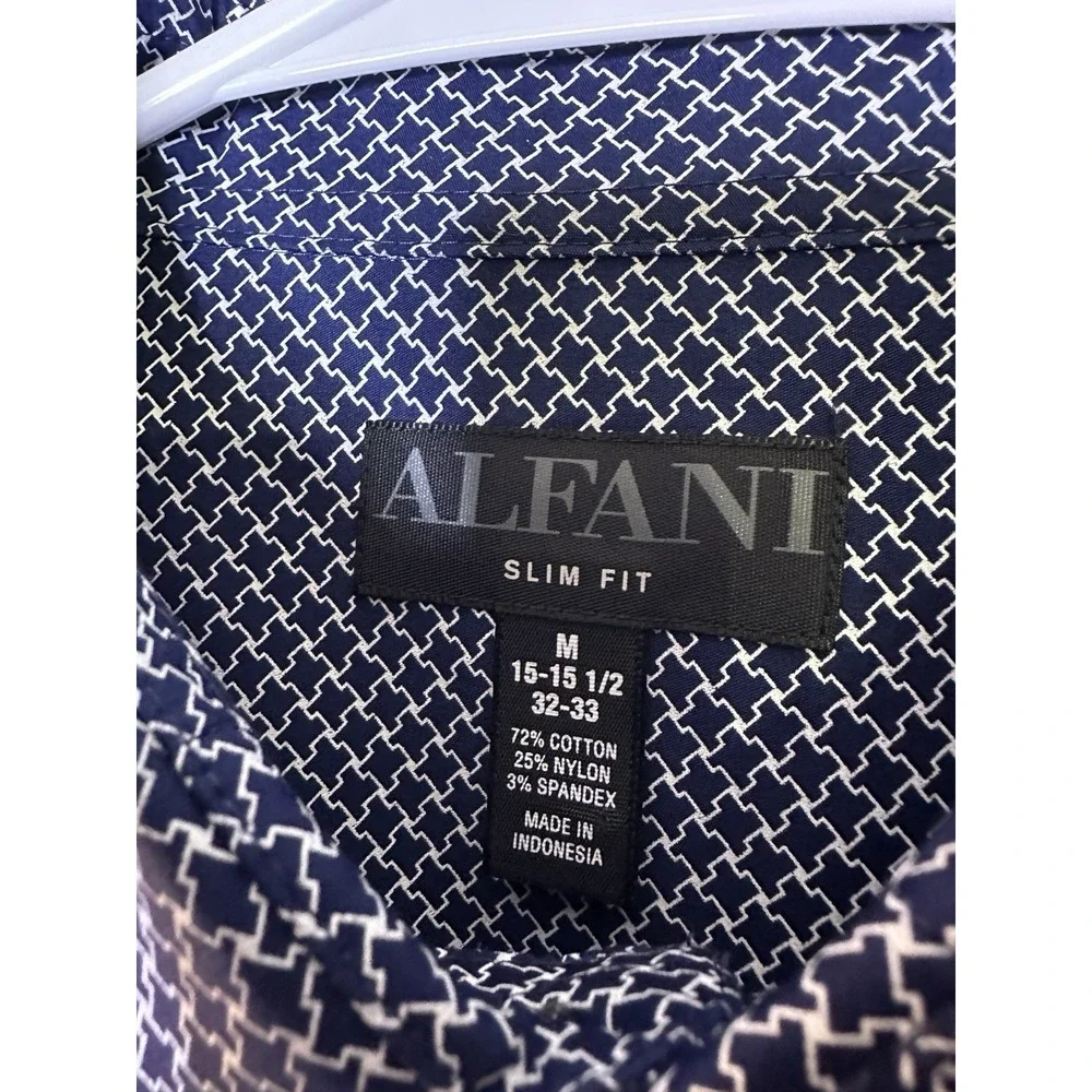 Alfani Slim Fit Men's Medium 15-15.5 32/33 Navy White Geometric Dress Shirt